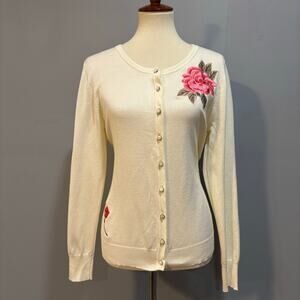 VTG Cream Cardigan Rose Embroidery Enamel Buttons Pink Green Cottage, Size Large